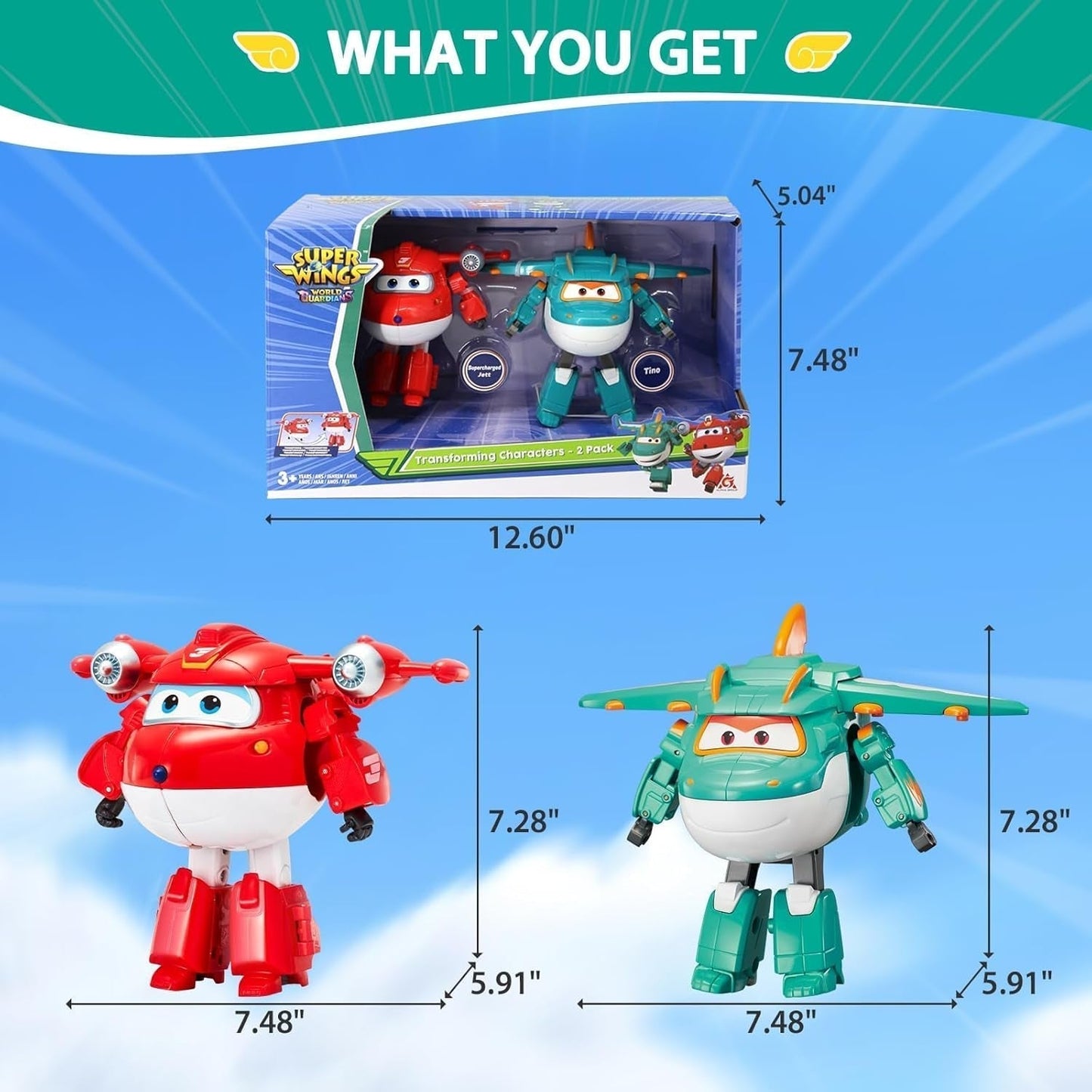 Super Wings Personajes transformadores de 5" Paquete de 2 Jett transformador supercargado + Tino Juguete transformador para niños y niñas a partir de 3 años Figuras de acción rojas Naty Shop