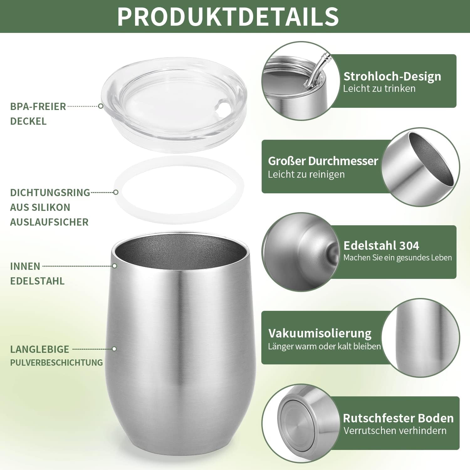 Taza Mate Moderna 340ml, Juego de Tazas de Yerba Mate de Acero Inoxidable con Doble Pared Aislante, Taza de Té Mate con Tapa Libre de BPA, Bombillas y Cepillo de Limpieza (Plata)
