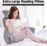 Almohada de lectura para adultos en la cama, respaldo extra grande de 90 x 80 cm (ancho x alto) para leer con soporte para el cuello desmontable y brazo de apoyo, cómoda almohada de lectura para cama, sofá o respaldo en el suelo