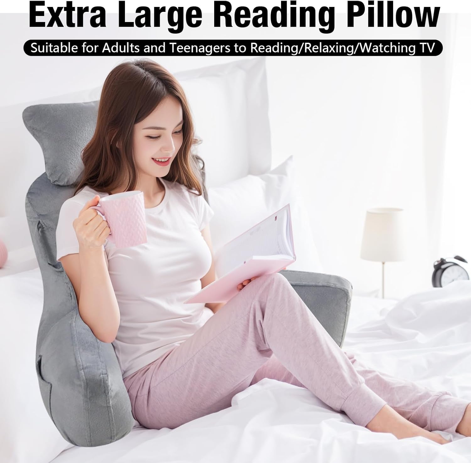 Almohada de lectura para adultos en la cama, respaldo extra grande de 90 x 80 cm (ancho x alto) para leer con soporte para el cuello desmontable y brazo de apoyo, cómoda almohada de lectura para cama, sofá o respaldo en el suelo