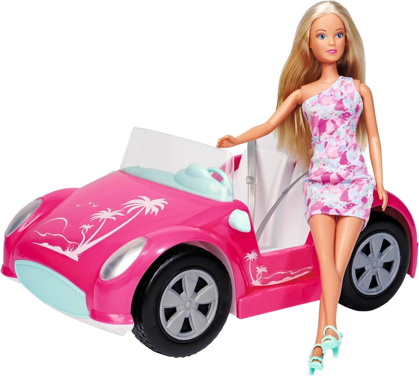 Simba Steffi Love Beach Car Doll con un fantástico traje de verano y cochecito de playa, 29 cm, a partir de 3 años