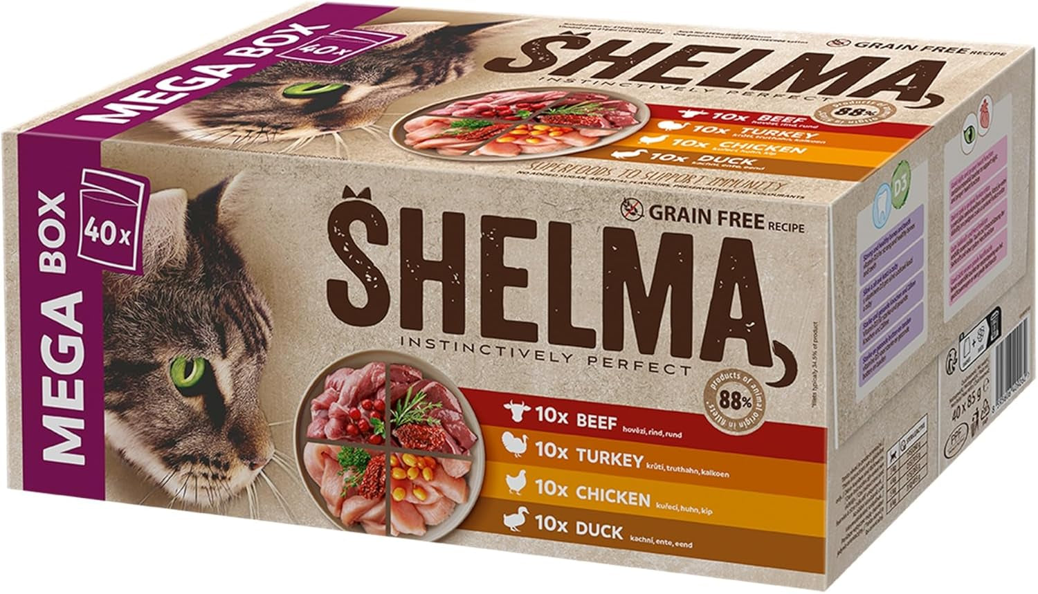 Shelma Comida húmeda para gatos Megapack con ternera, pavo, pollo y pato - Alimento completo sin cereales con alto contenido en carne - 40 x 85 g (3,4 kg)