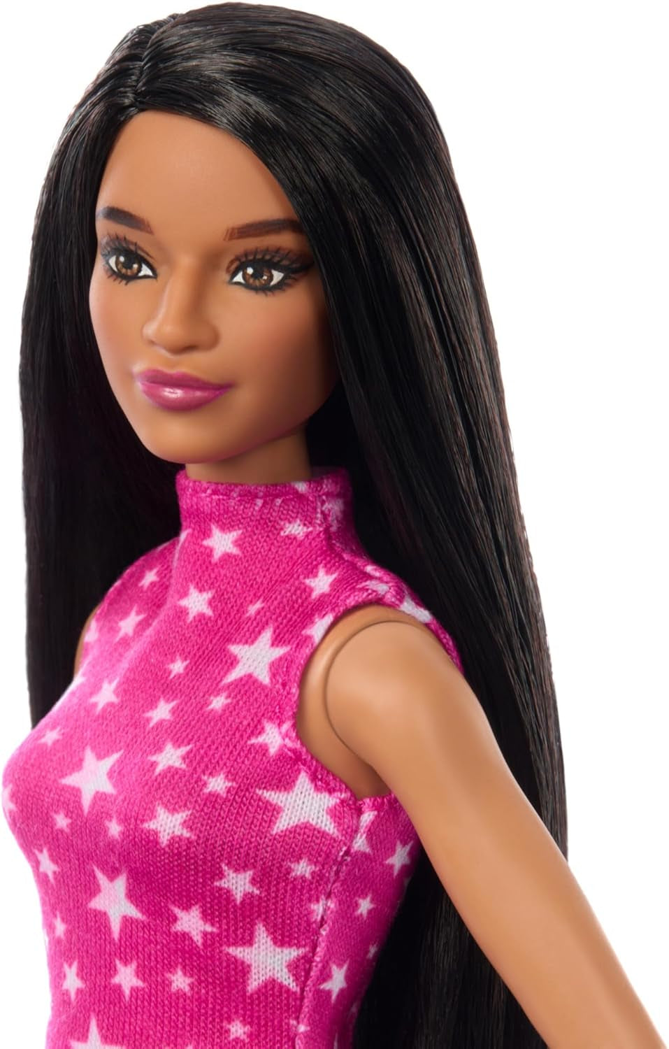 Muñeca Barbie Fashionistas núm. 215 con cabello negro liso, blusa rosa con estampado de estrellas y falda iridiscente, muñeca de moda coleccionable del 65 aniversario, HRH13