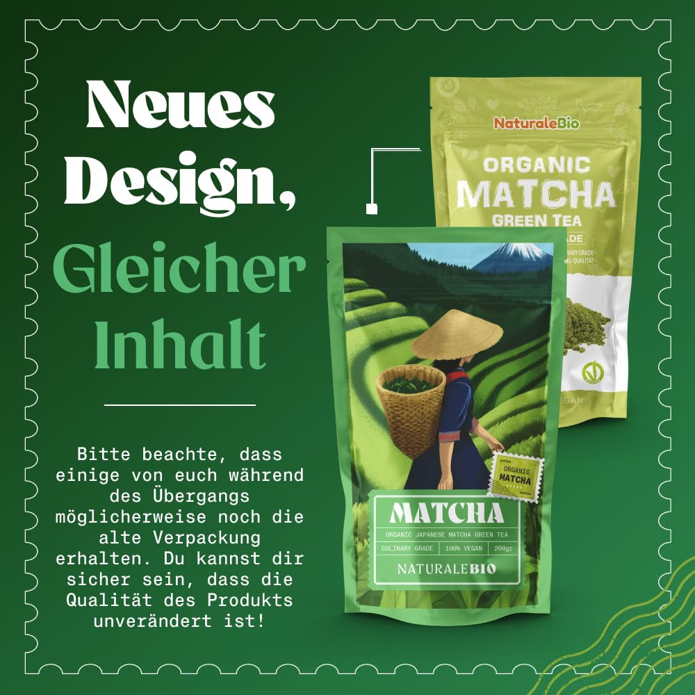 Naturalebio BIO Té verde en polvo 100 g. Para cocinar y hornear. Matcha japonés original. Té verde de Japón, vegano, sin gluten y sin OGM. Producto orgánico natural.