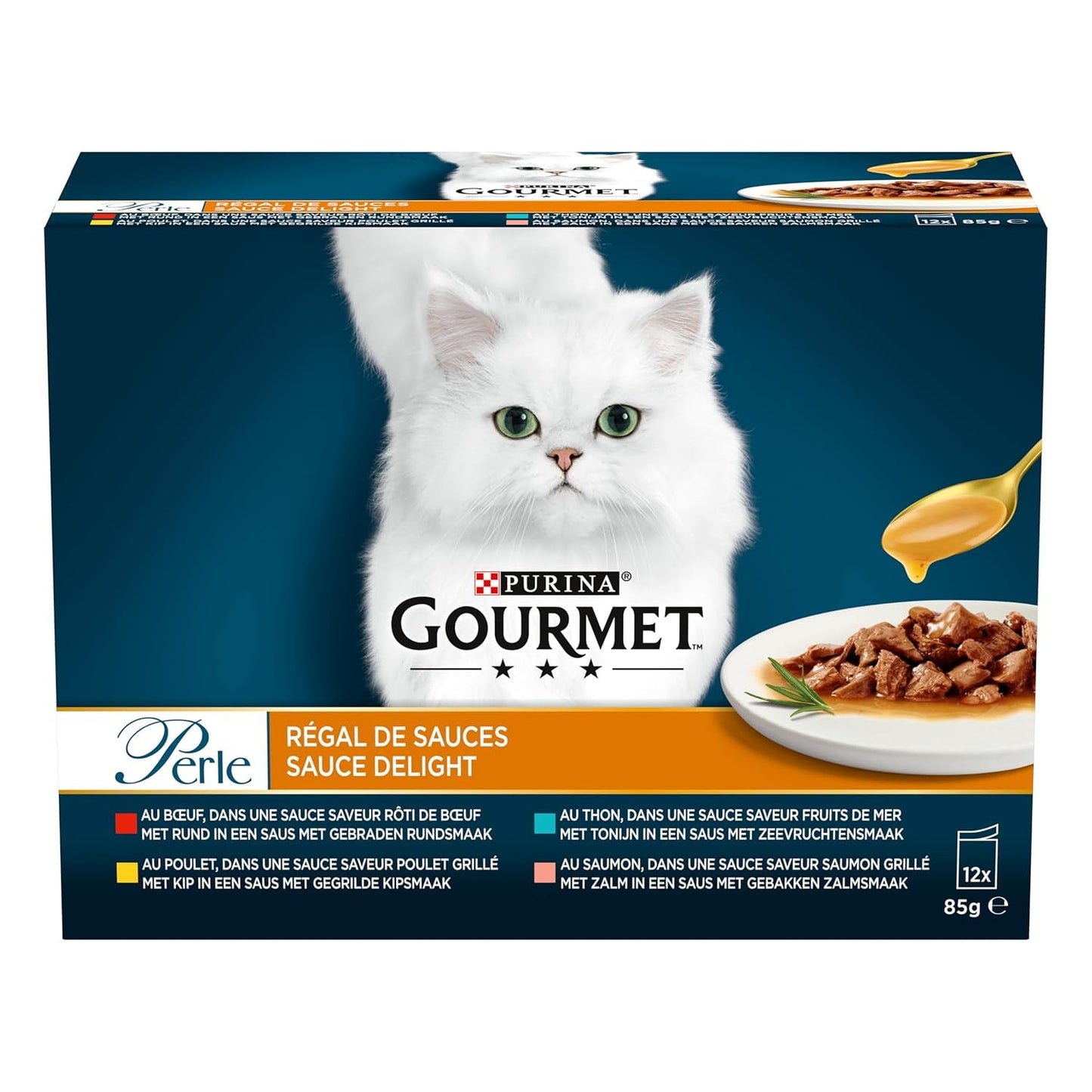 Perla | Porta salsa | Gato adulto | Carne de res, pollo, atún, salmón | 12 x 85 g | Bolsitas de frescura (el embalaje puede variar)