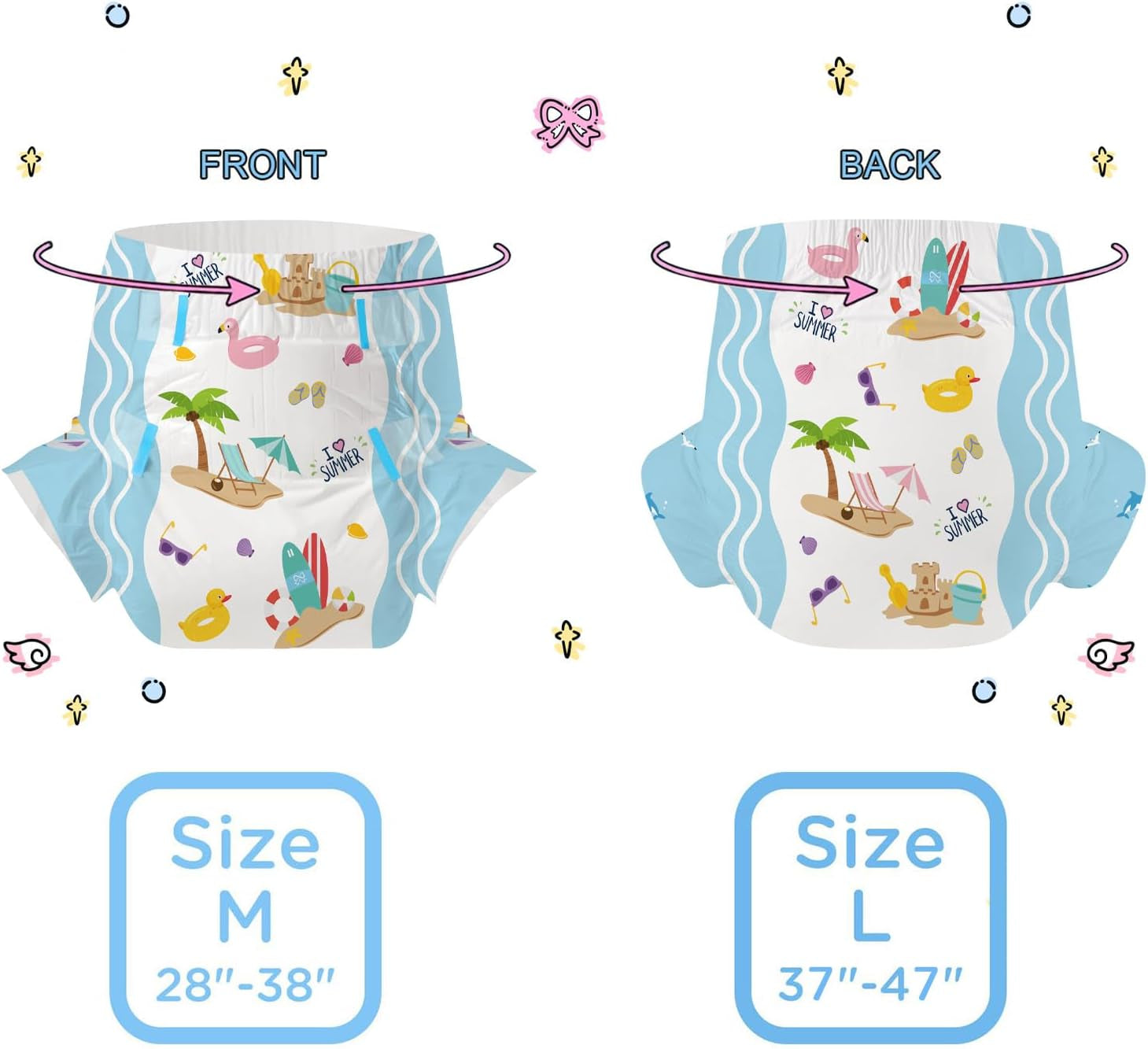 CutiePlusU Pañales para adultos, paquete de 10, pañales desechables para mujeres y hombres, máxima absorbencia durante la noche - I Love Summer (tamaño mediano 71-96 cm)