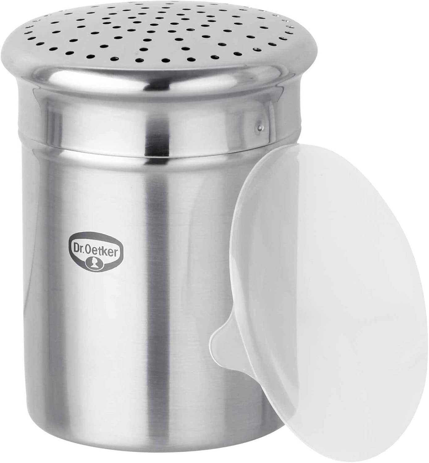 Dr. Oetker Azucarero Grueso, Azucarero de Acero Inoxidable de Alta Calidad para Quitar el Polvo Decorativo y Rápido, Gran Capacidad, Incluye Funda Protectora, (Color: Plata), Cantidad: 1 Pieza