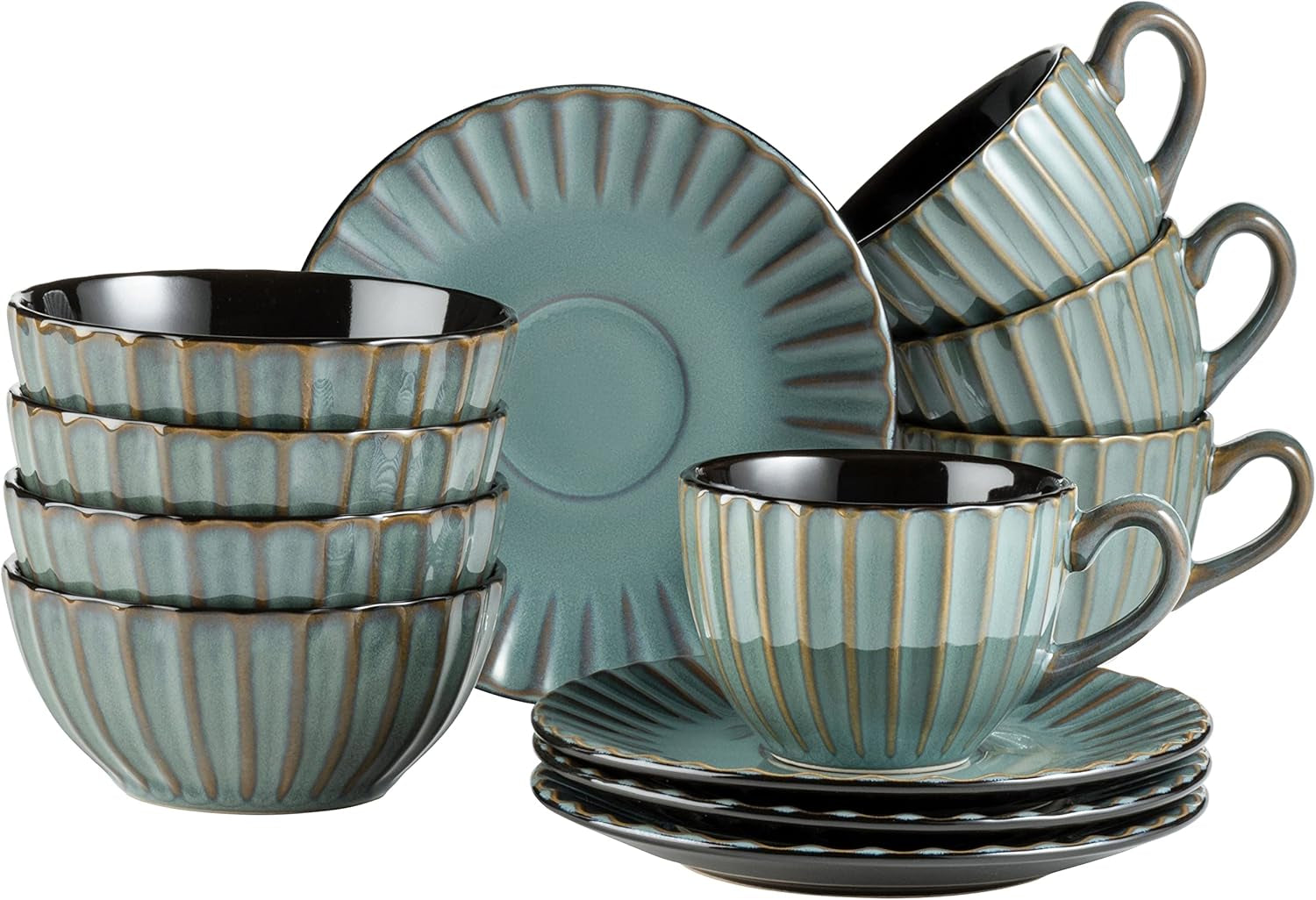 MÄSER 931966 Confino Series Vajilla para 4 personas, aspecto vintage moderno, juego de desayuno de cerámica, 12 piezas, color petróleo con detalles en negro, gres