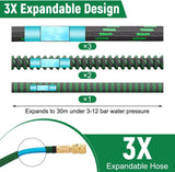 Manguera de jardín flexible verde de 30 m/100 pies con boquilla rociadora y conectores de latón de 3/4" y 1/2" 10 funciones Manguera de agua extensible de 3 pliegues sin torceduras para piso de jardín Patio Coche
