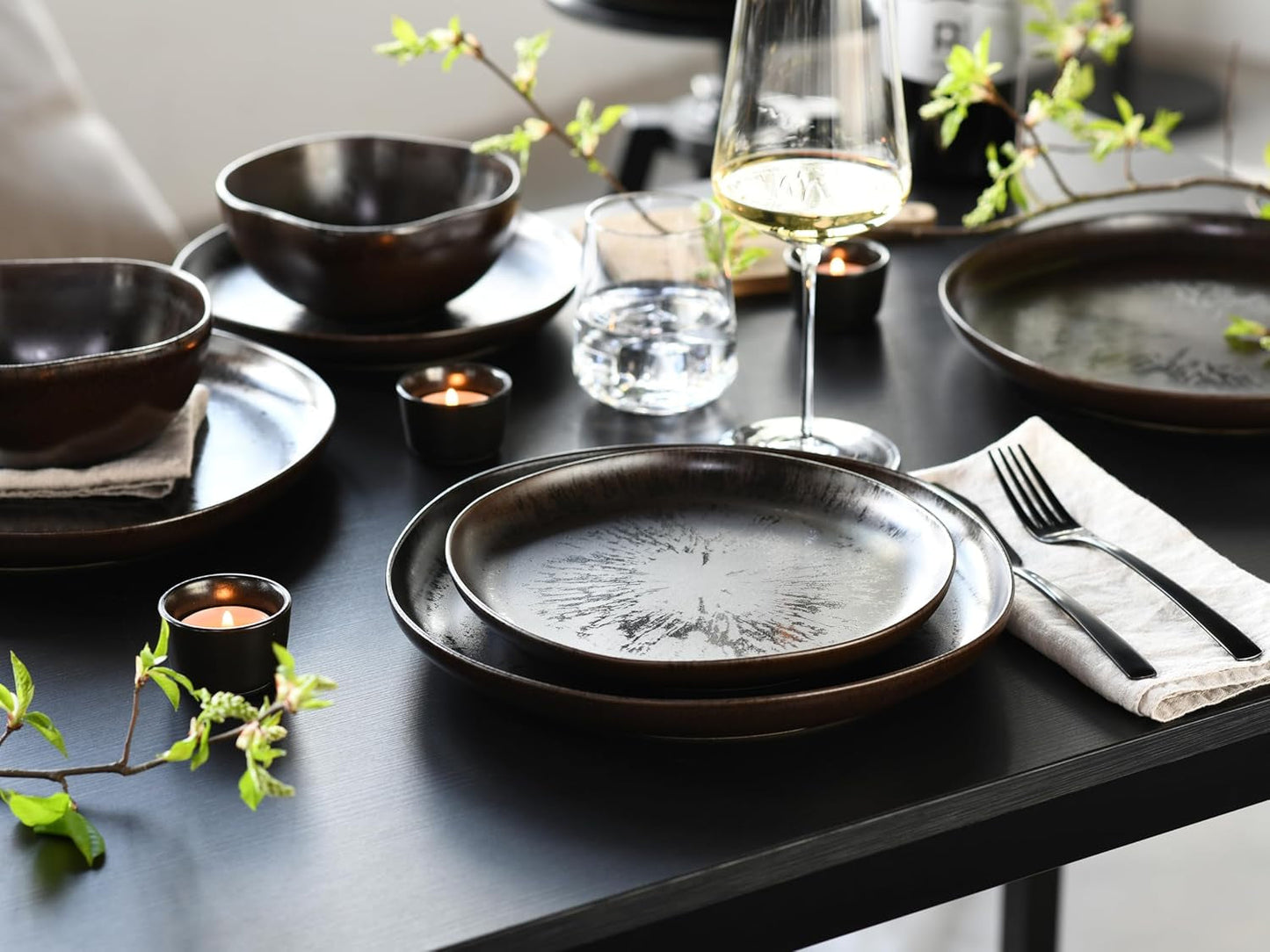 CreaTable, 21249, Serie Natura Organic RUSTY, Vajilla de 12 Piezas para 4, Juego de Platos de Porcelana, Apto para Lavavajillas y Microondas, Fabricado en Europa