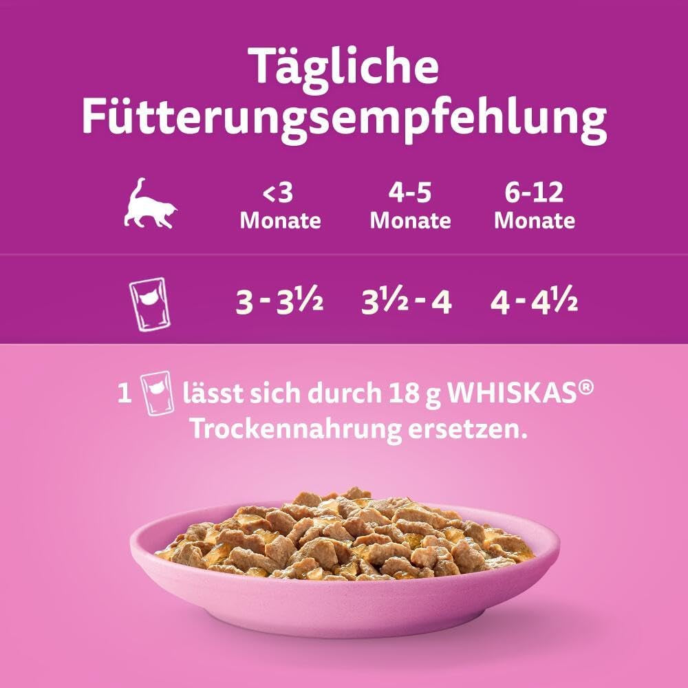 WHISKAS Junior Bolsitas de comida húmeda, paquete múltiple, selección de carne de ave en gelatina, 12 x 85 g