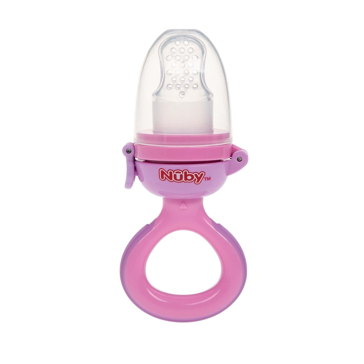 Nuby Alimentador de frutas de silicona Nibbler - Alimentador de frutas para bebés de 6 meses y niños pequeños - Anillo de dentición para frutas, verduras y purés - Sin BPA - Rosa - 6+ meses