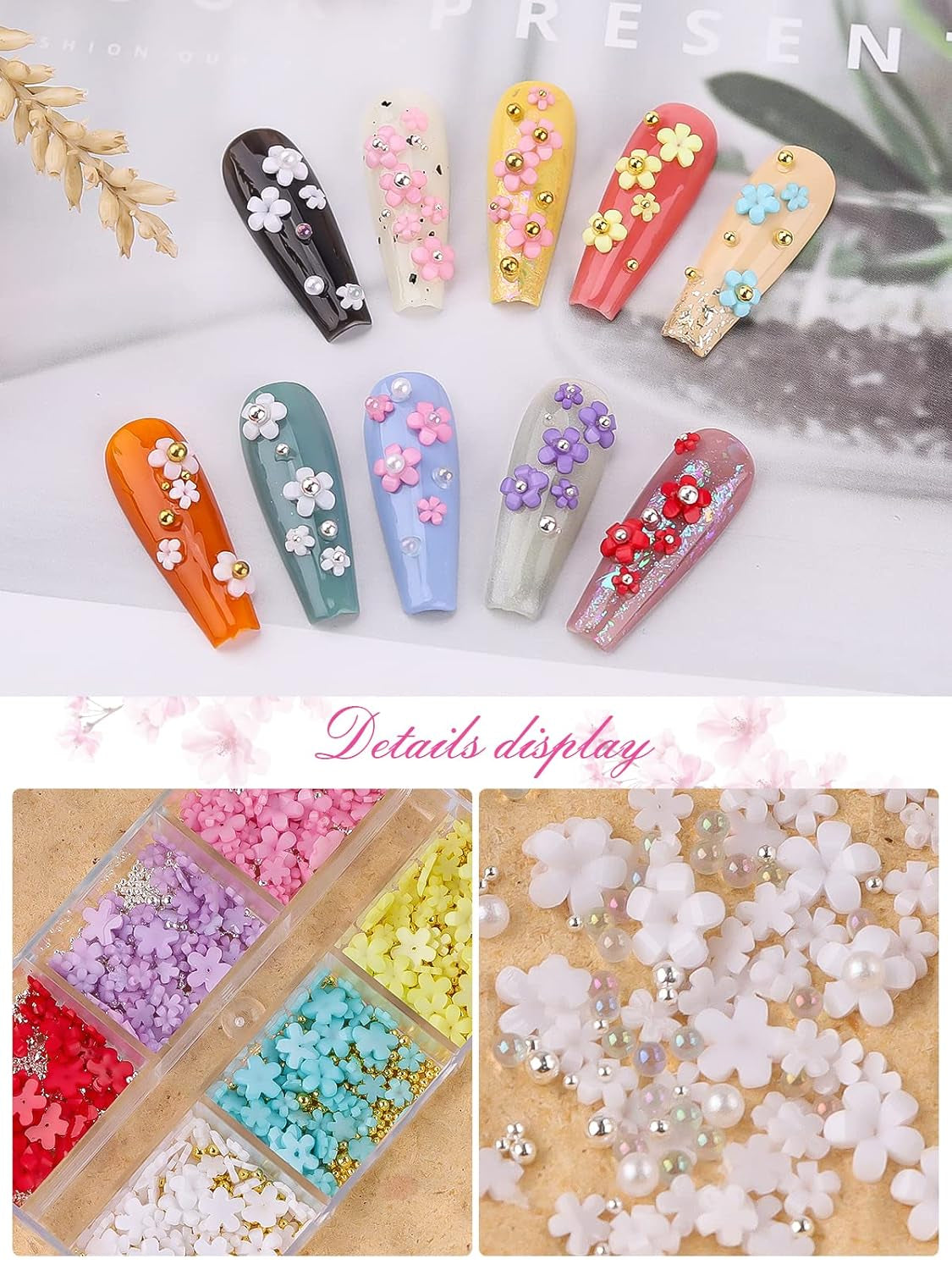 Kalolary Flowers Nail Art Charms, flores acrílicas 3D para uñas, cinco pétalos, adornos florales, gemas de uñas, diamantes de imitación, cuentas de metal mixtas para bricolaje, diseño de uñas, fabricación de joyas (2 cajas)