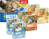 Pack de prueba Bozita Tetra en salsa con mucho pollo, carbón y mucho pollo y ternera en gelatina - 4+2-6x370g Alimento sin cereales y sin azúcar para gatos esterilizados con un 7,5% de proteínas y un 5% de grasas
