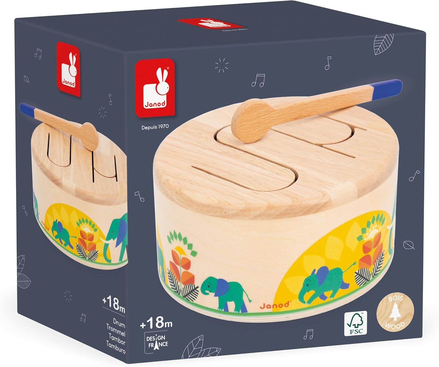 Janod - Gioia Drum - Tambor + tambor de madera FSC - Juego de roles y educación musical temprana - Acuarela - A partir de 18 meses, J07650 Bebe Toys Naty Shop
