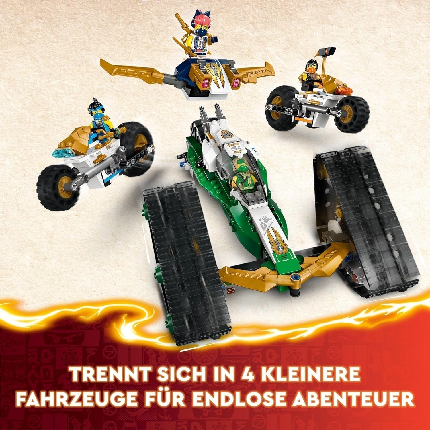 LEGO NINJAGO Ninja Team Combi Caterpillar Set 4 en 1 con planeador, coche de carreras y 2 motocicletas y 6 minifiguras Regalo para niños y niñas Ninja Toy 71820 Juegos de construcción Besuche den LEGO-Store