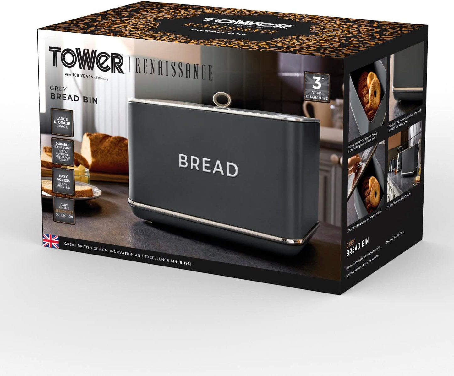 Torre T826175GRY Panera Renaissance, capacidad 16 l, tapa simple, gris Cajas para guardar alimentos Naty Shop