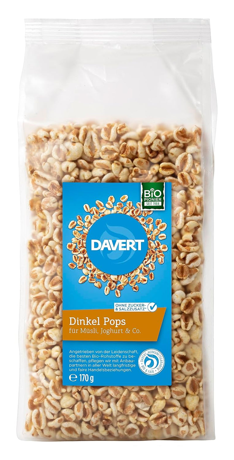 Davert Dinkel Pops 170G – Aromatische Aufgepuffte Dinkelkörner, Luftig Leicht Und Fein Röstig Im Geschmack – 100% Davert Bio-Qualität (1 X 170G) Cereale Naty Shop Título predeterminado