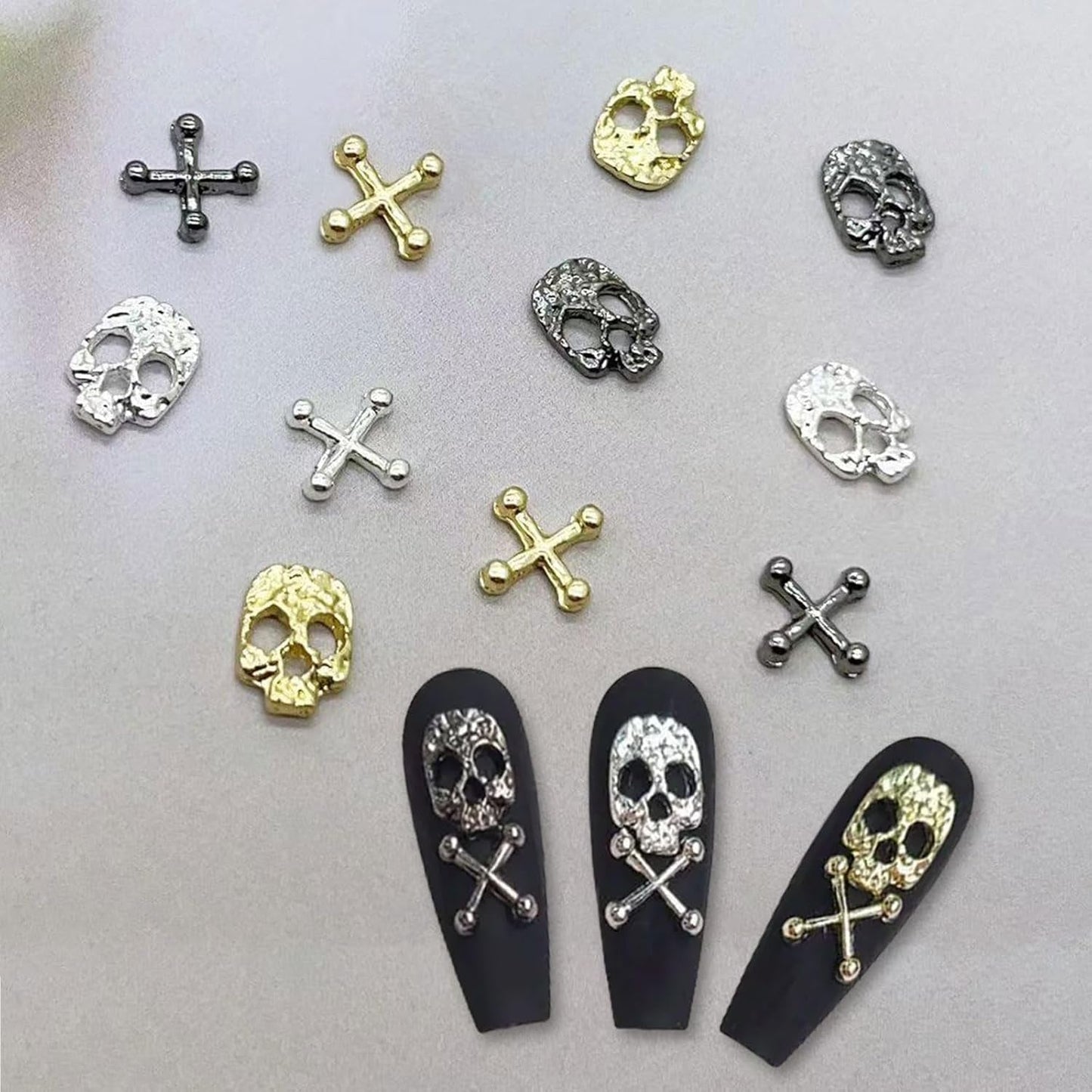 120 Uds. Conjunto de decoraciones para decoración de uñas con calavera cruzada, dijes para decoración de uñas de Metal dorado y plateado, joyería Punk de aleación para decoración de uñas, accesorios de piedras brillantes