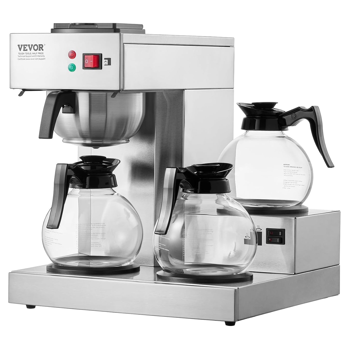 VEVOR Cafetera espresso comercial con filtro de 12 tazas con 3 garrafas de vidrio y 3 placas calefactoras Máquina de espresso de acero inoxidable con suministro automático de agua para restaurante, oficina, cafetería