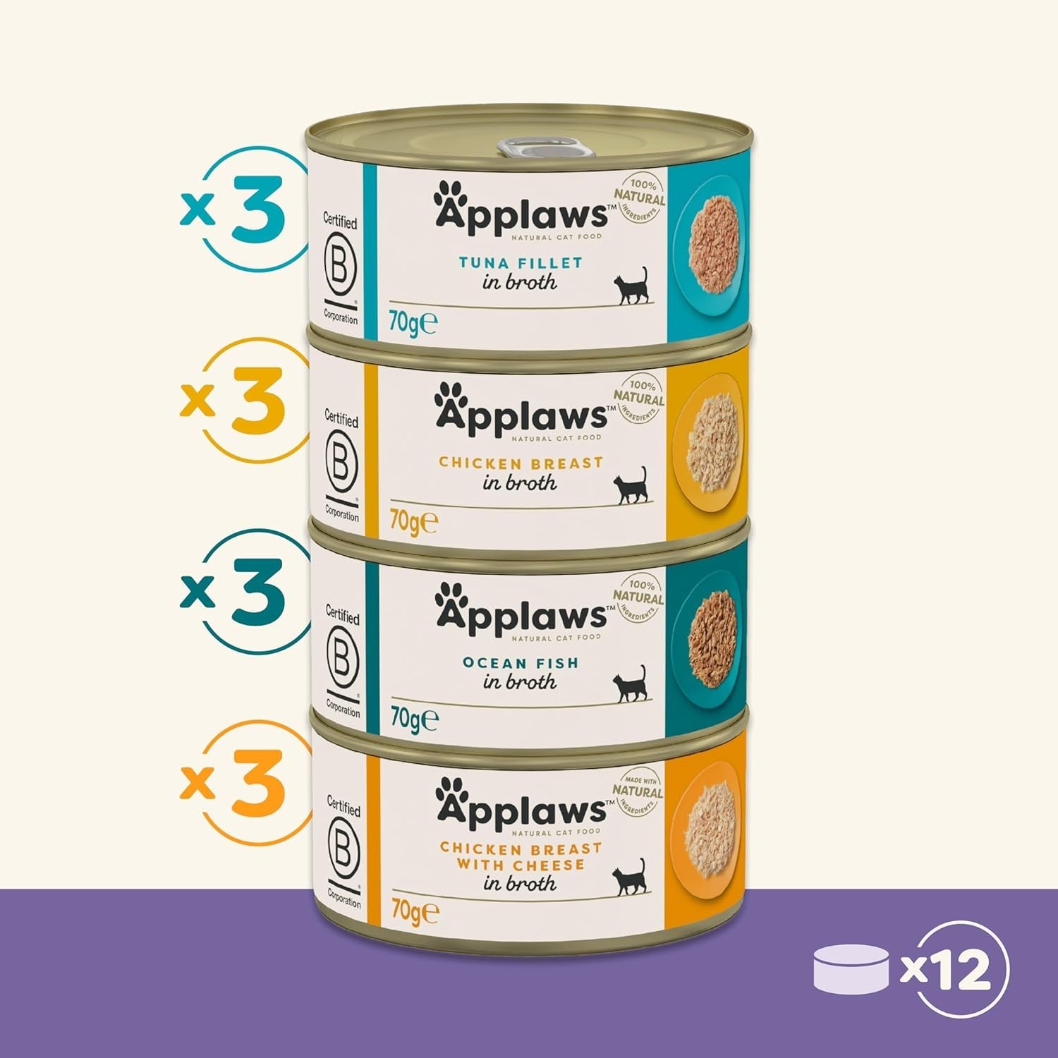 Applaws Comida Húmeda Premium 100% Natural para Gatos Adultos en Caldo - Atún, Pollo, Marisco, Selección Mixta en Caldo - Paquete de 12 Latas x 70g