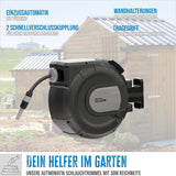 Enrollador de manguera automático Güde 30-2-2 1/2 (rotación 180°, para montaje en pared, manguera de 30 m, rociador de agua, soporte de pared, retracción automática, tope de retracción, asa de transporte, 2 enchufes rápidos)