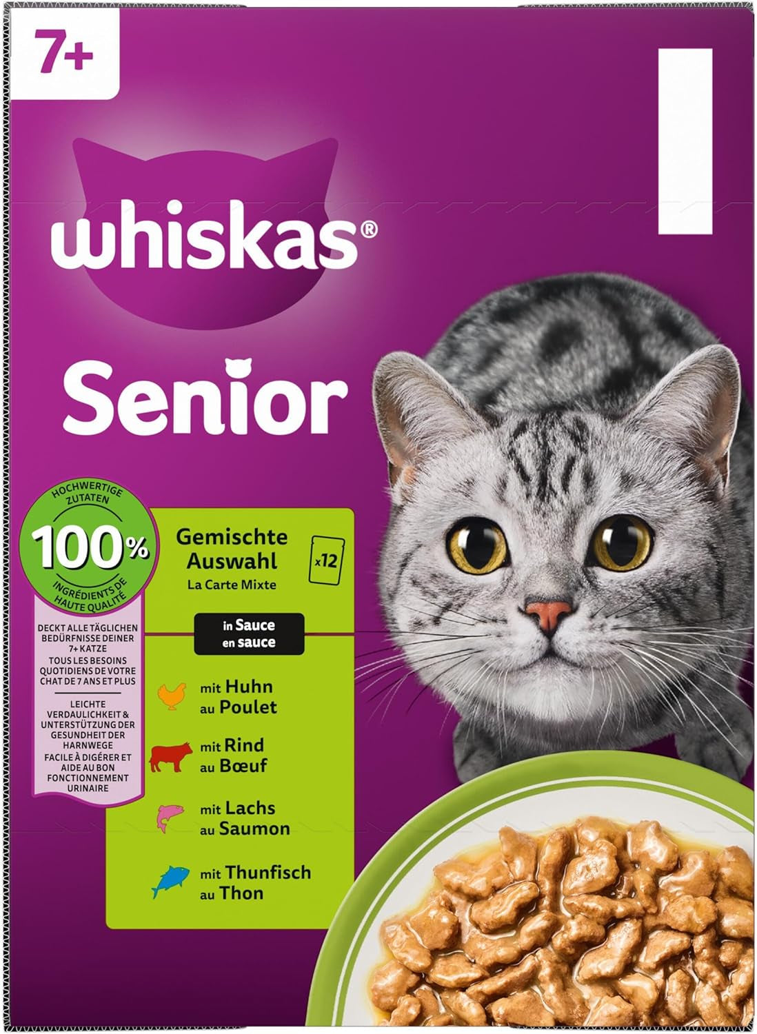 Whiskas Senior 7+ Comida Húmeda Selección Mixta en Salsa, 48 sobres, 12x85g (paquete de 4) - Comida húmeda de alta calidad para gatos a partir de 7 años