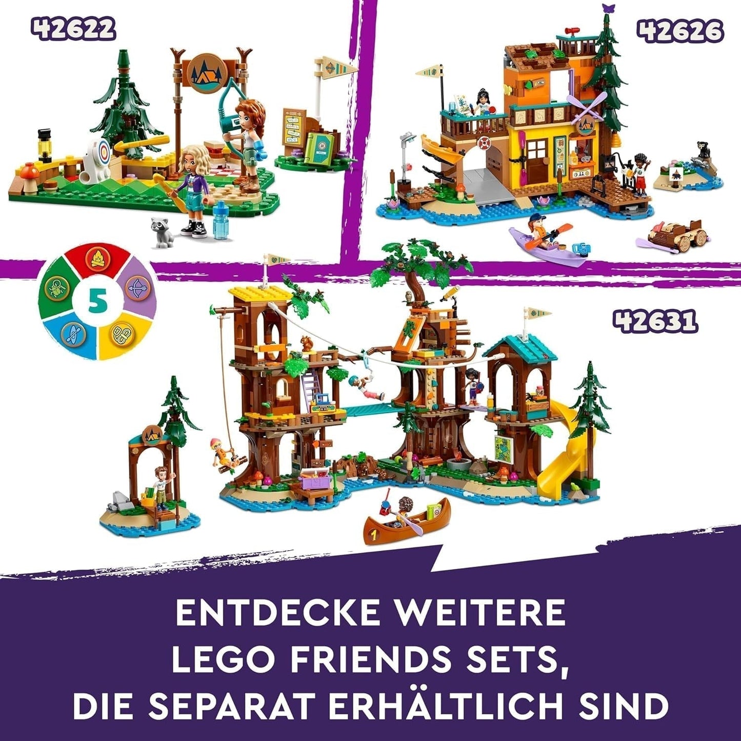 LEGO Friends Casa en el Árbol en el Campamento de Aventuras, Set de Juego para Niñas y Niños de 8 Años con 5 Figuras y 5 Animales, Idea de Regalo para Juegos Creativos, Juguetes Deportivos, Casa de Muñecas 42631 Juegos de Construcción Besuche den LEGO-Store