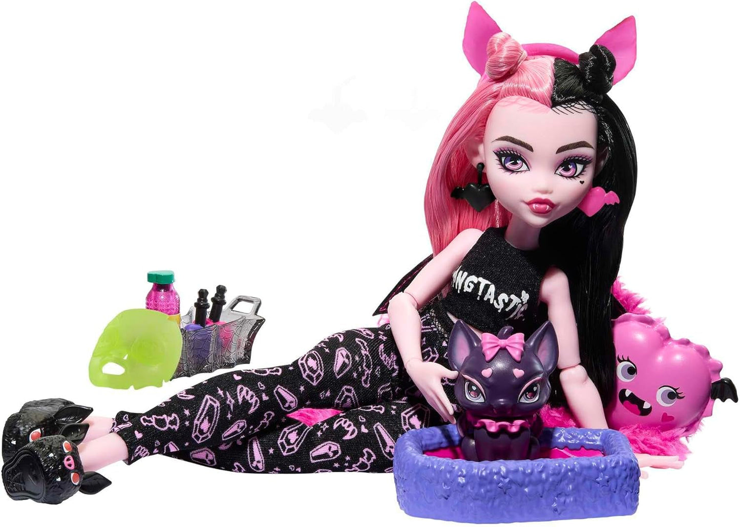 Muñeca MONSTER HIGH y Pijama Accesorios Fiesta Draculaura Conde Murciélagos Muñeco Fabuloso Mascota Creepover Fiesta HPY66 Naty Shop Muñecas