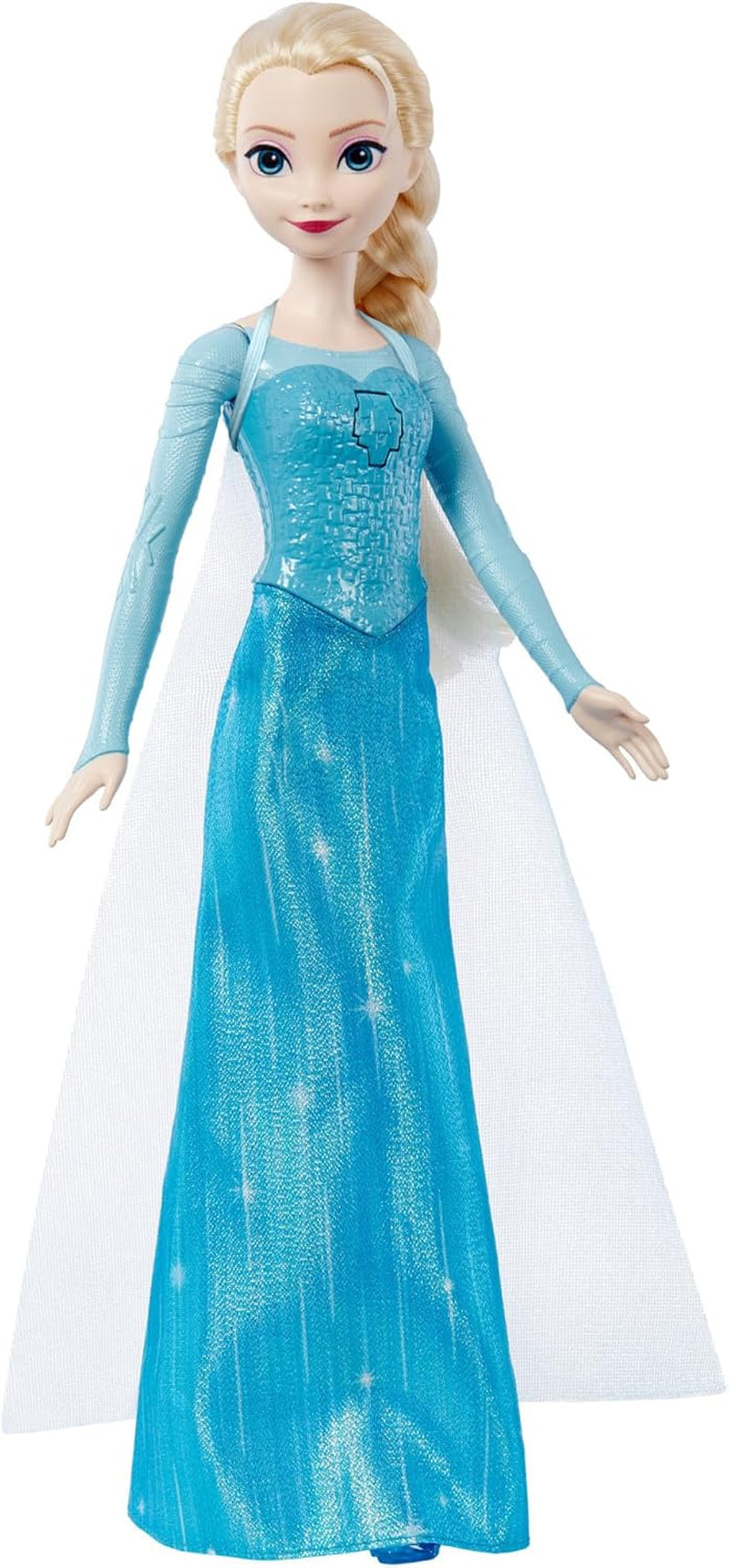Mattel Toys Disney Frozen Elsa Muñeca cantante con traje icónico, canta "Let It Go" de la película de Disney en inglés, francés, alemán, italiano, JDL58