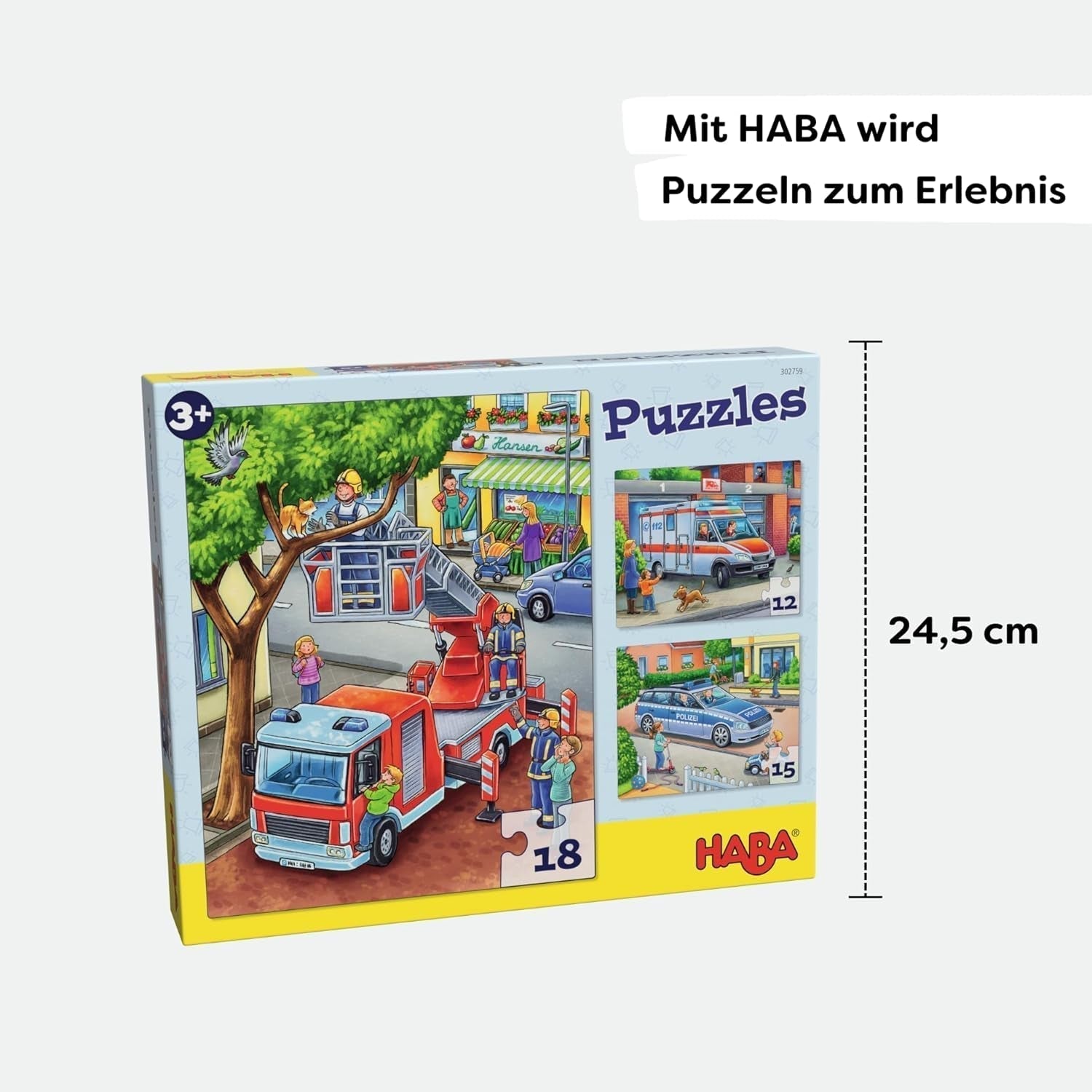 HABA Puzzle de Bomberos - Set de 3 Piezas para niños a partir de 3 años Puzzle de Cartón de Policía y Ambulancia - Promueve la motricidad fina y la concentración - 1302759001 Puzzle Naty Shop