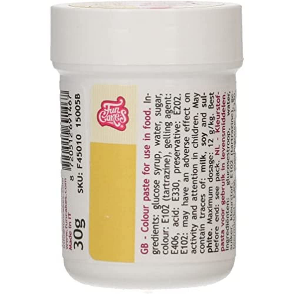 Colorante alimentario concentrado Funcakes Paste Color Amarillo; para masa, nata, fondant, mazapán, masa, pasta para modelar y pasta de flores. Halal. 30 gramos