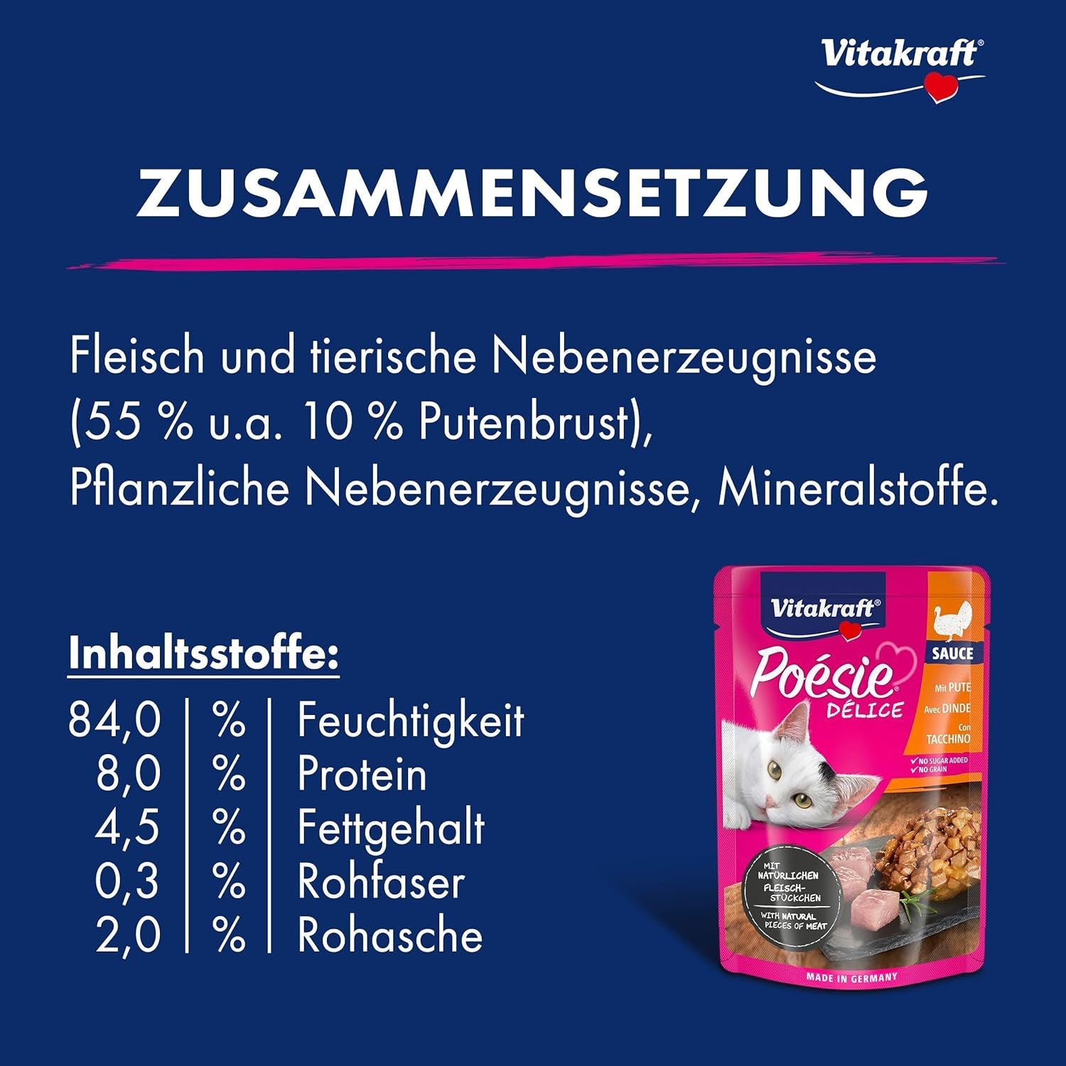 Vitakraft Poésie Délice, comida húmeda para gatos, comida para gatos en salsa, con pavo, paquete a granel, sin azúcares ni cereales añadidos (23 x 85 g)