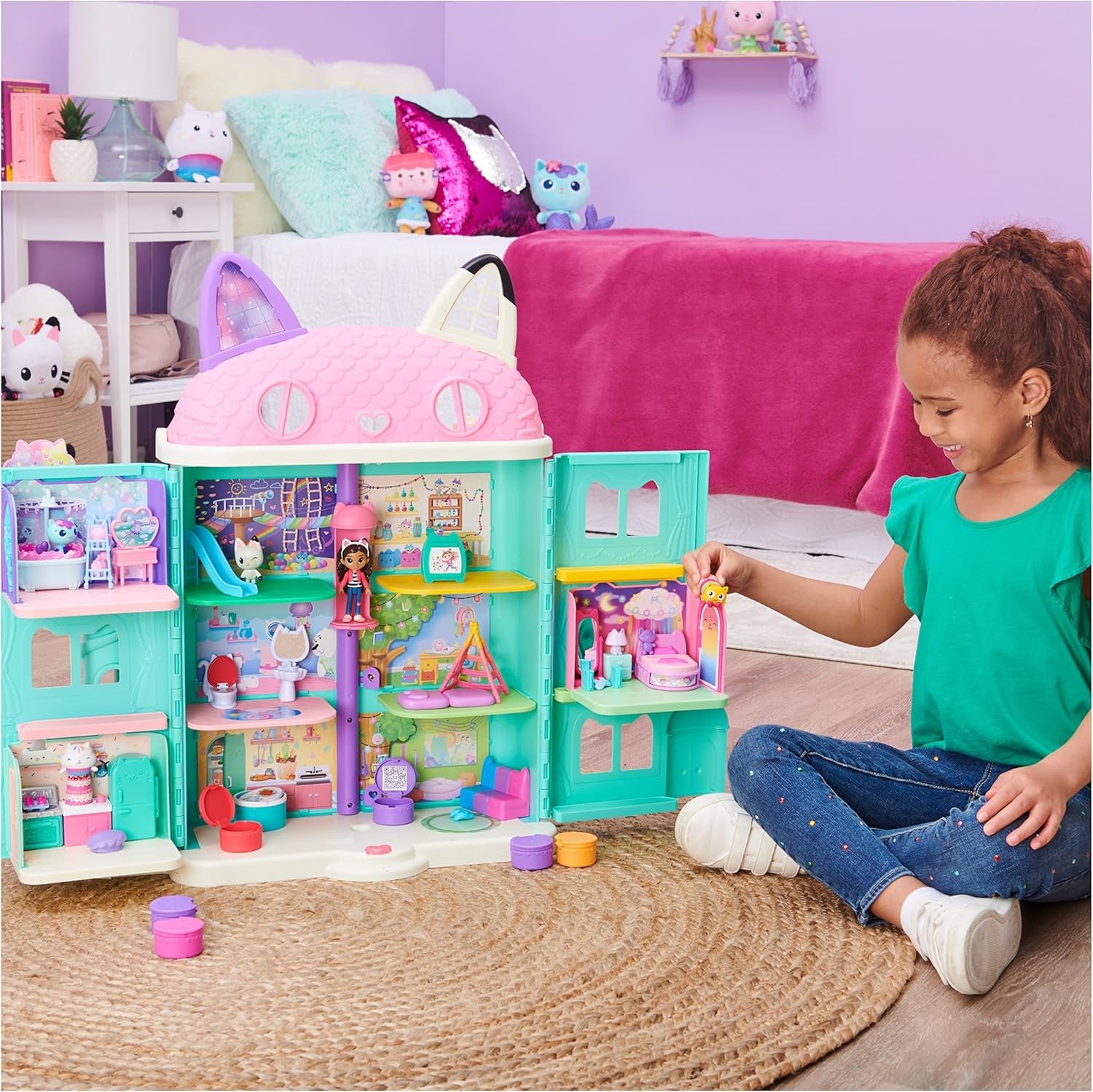 Gabby Dollhouse y Gabby Dollhouse Habitación Deluxe Sweet Dreams Fluffy Cat Dormitorio Almohada Gato y 3 Accesorios 3 Muebles y 2 Cajas Sorpresa Adecuado para edades de 3 años en adelante