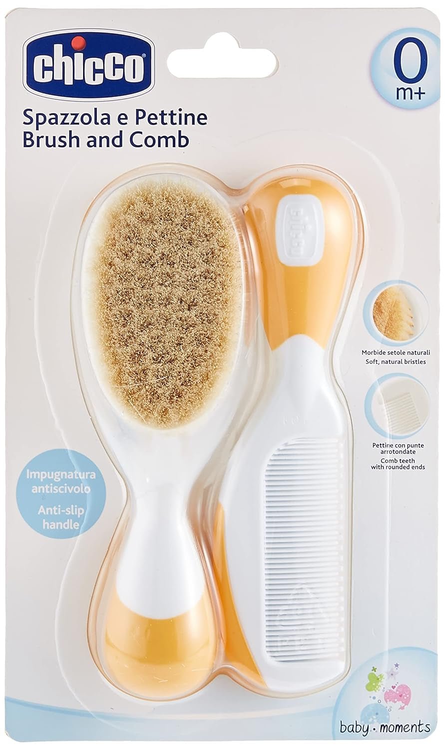 Chicco Set Cepillo y Peine Bebé, Cepillo Bebé con Suaves Cerdas Naturales, Peine Punta Redondeada, Mango Antideslizante, Regalo Fiesta Bebé - Suministros para Recién Nacidos a Partir de 0 Meses Niños - Baño y Cuidado de la Piel Naty Shop Naranja