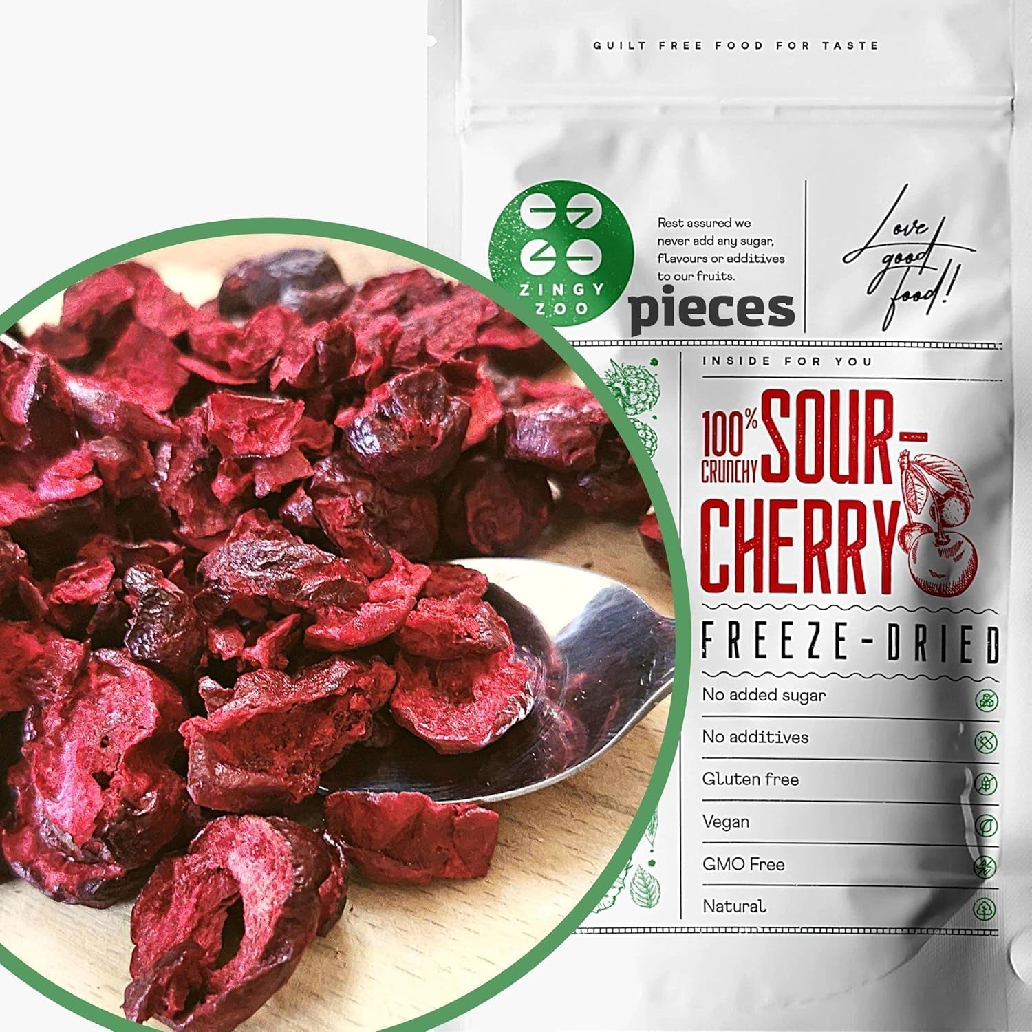 Cerezas amargas liofilizadas | Trozos de fruta liofilizada 100% natural Frutos secos | Cerezas amargas secas | Cerezas amargas liofilizadas | ZingyZoo Naty Shop productos deshidratados 100G