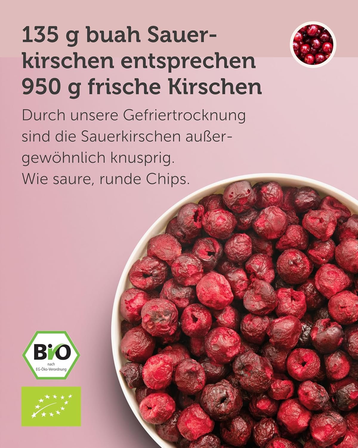 Cerezas amargas liofilizadas BUAH® | Cerezas amargas enteras como snack o para muesli | Sustituto ideal de los dulces | Vegano y sin azúcares añadidos | 135g Naty Shop productos deshidratados