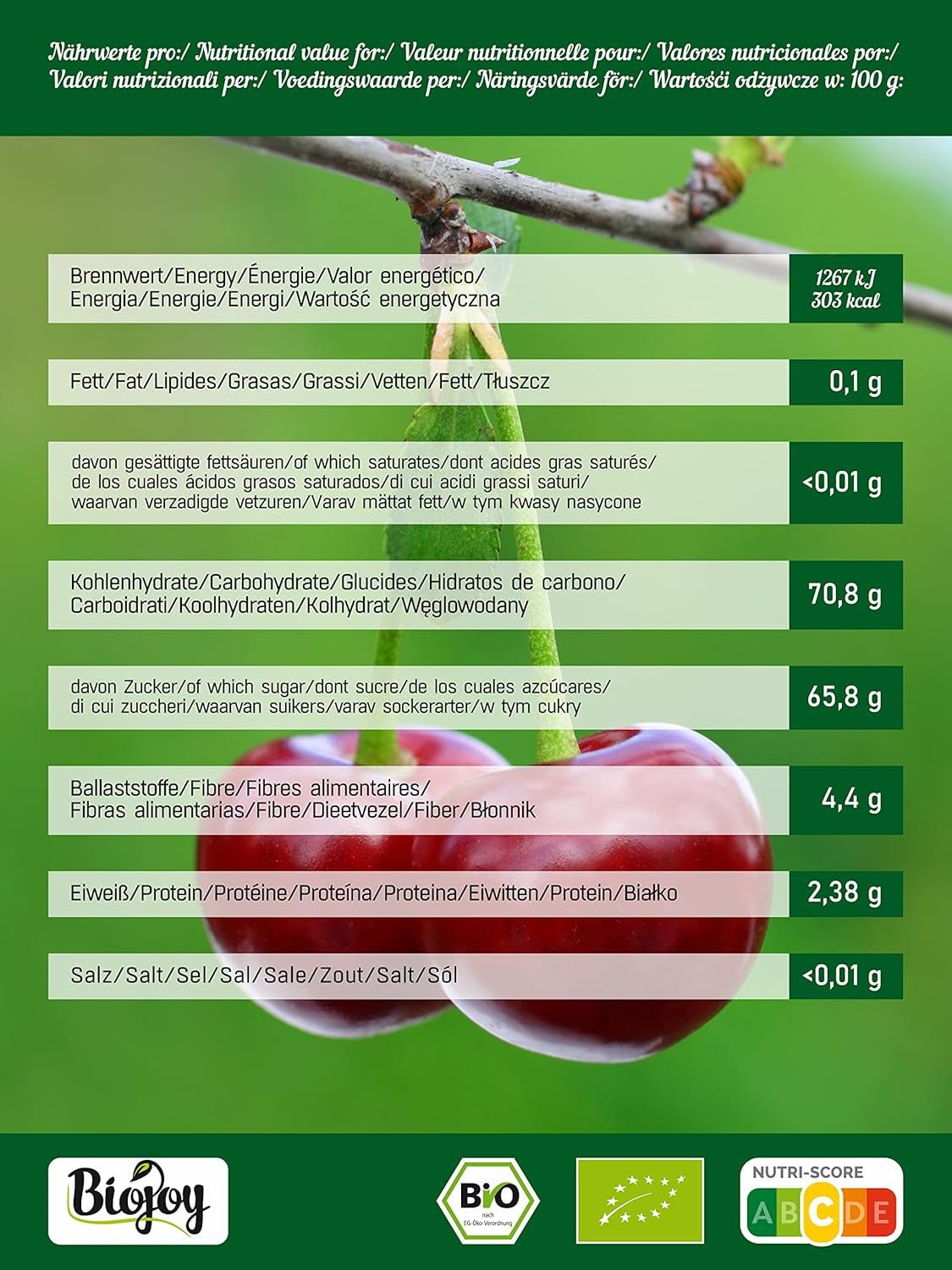 Cerezas dulces desecadas Biojoy (500 g), sin hueso y sin azufre Productos secos Naty Shop
