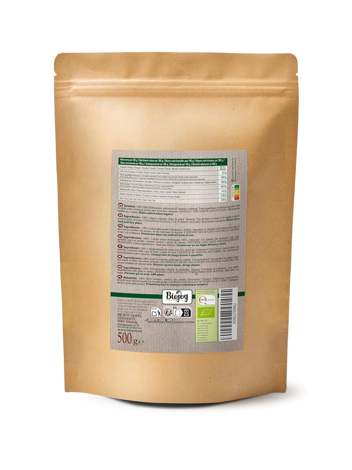 Cerezas dulces desecadas Biojoy (500 g), sin hueso y sin azufre Productos secos Naty Shop