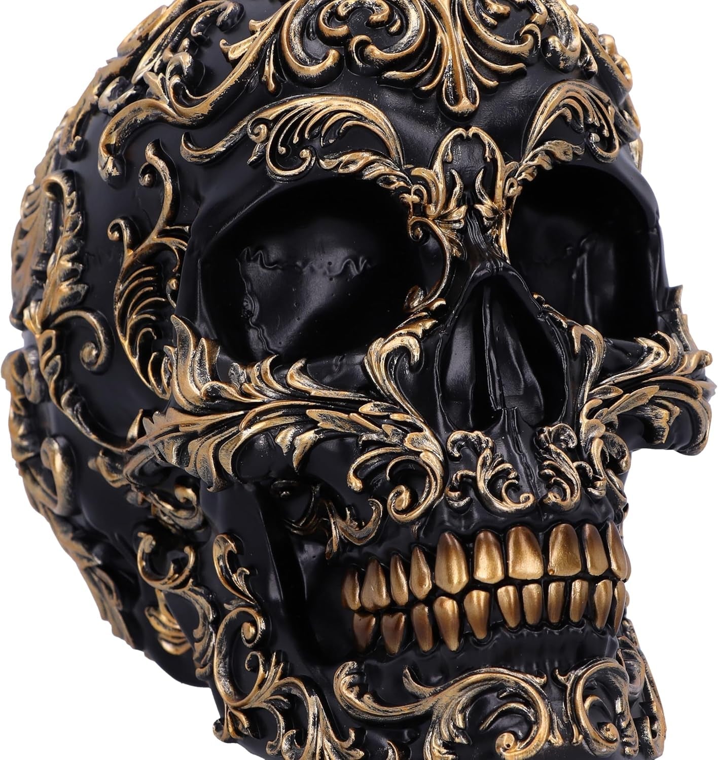 Calavera Renacentista, 19 cm, Resina, Negro y Dorado, Motivo Barroco Dorado, Adorno Calavera Negra, Decoración Gótica, Fundida en Resina Sintética de Primera Calidad, Pintada a Mano por Expertos Estatuillas y Esculturas Naty Shop