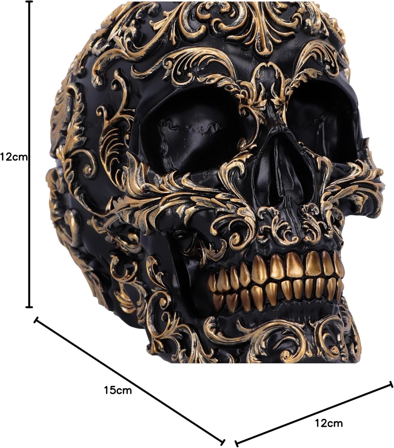 Calavera Renacentista, 19 cm, Resina, Negro y Dorado, Motivo Barroco Dorado, Adorno Calavera Negra, Decoración Gótica, Fundida en Resina Sintética de Primera Calidad, Pintada a Mano por Expertos Estatuillas y Esculturas Naty Shop
