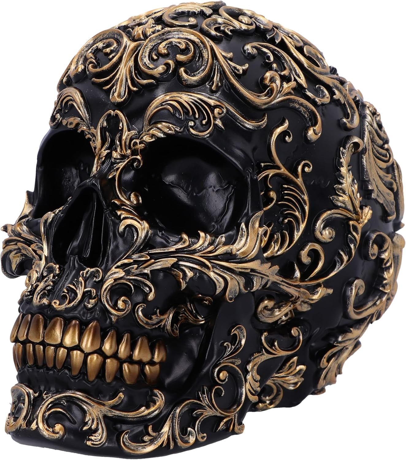 Calavera Renacentista, 19 cm, Resina, Negro y Dorado, Motivo Barroco Dorado, Adorno Calavera Negra, Decoración Gótica, Fundida en Resina Sintética de Primera Calidad, Pintada a Mano por Expertos Estatuillas y Esculturas Naty Shop