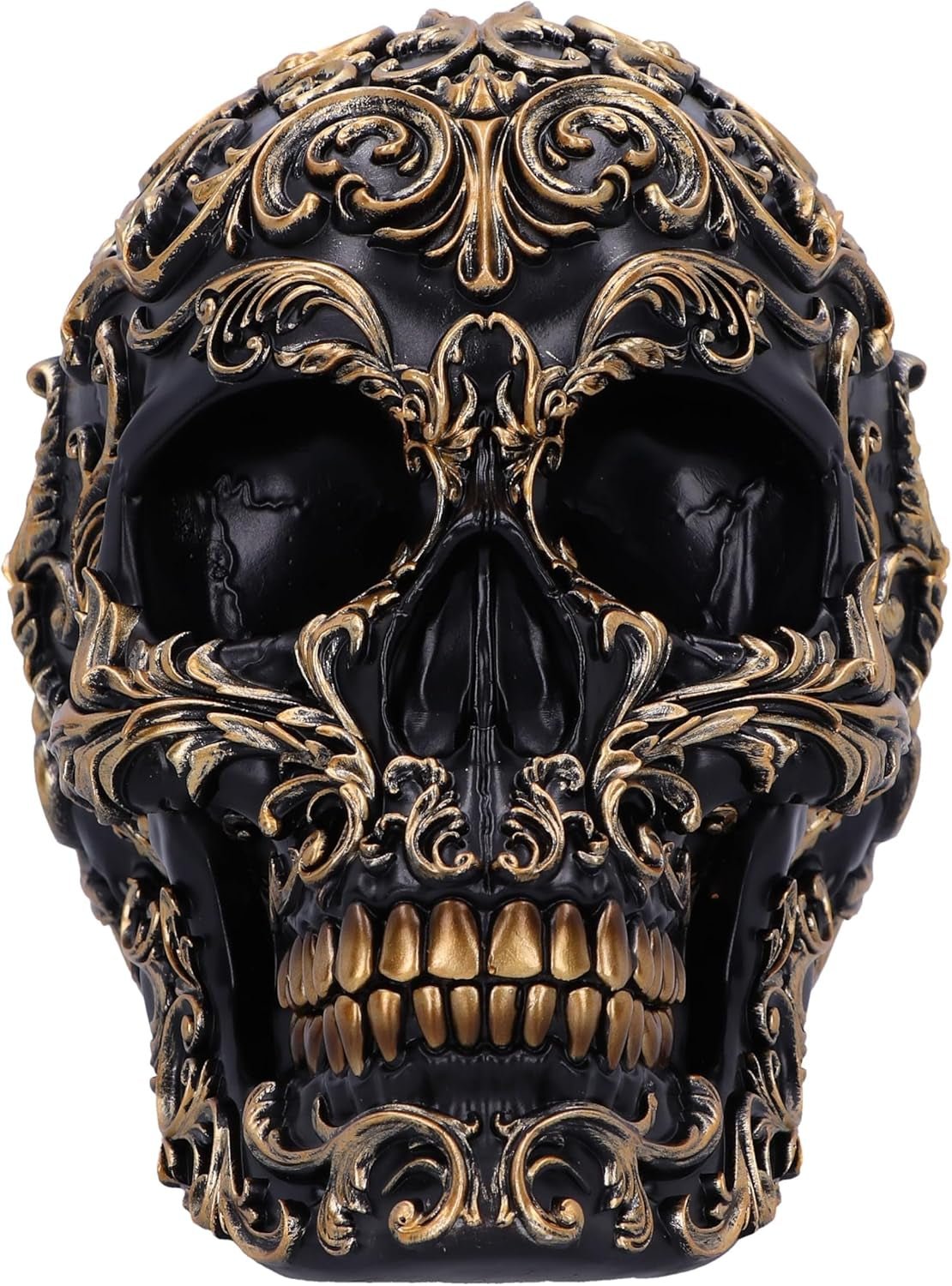 Calavera Renacentista, 19 cm, Resina, Negro y Dorado, Motivo Barroco Dorado, Adorno Calavera Negra, Decoración Gótica, Fundida en Resina Sintética de Primera Calidad, Pintada a Mano por Expertos Estatuillas y Esculturas Naty Shop