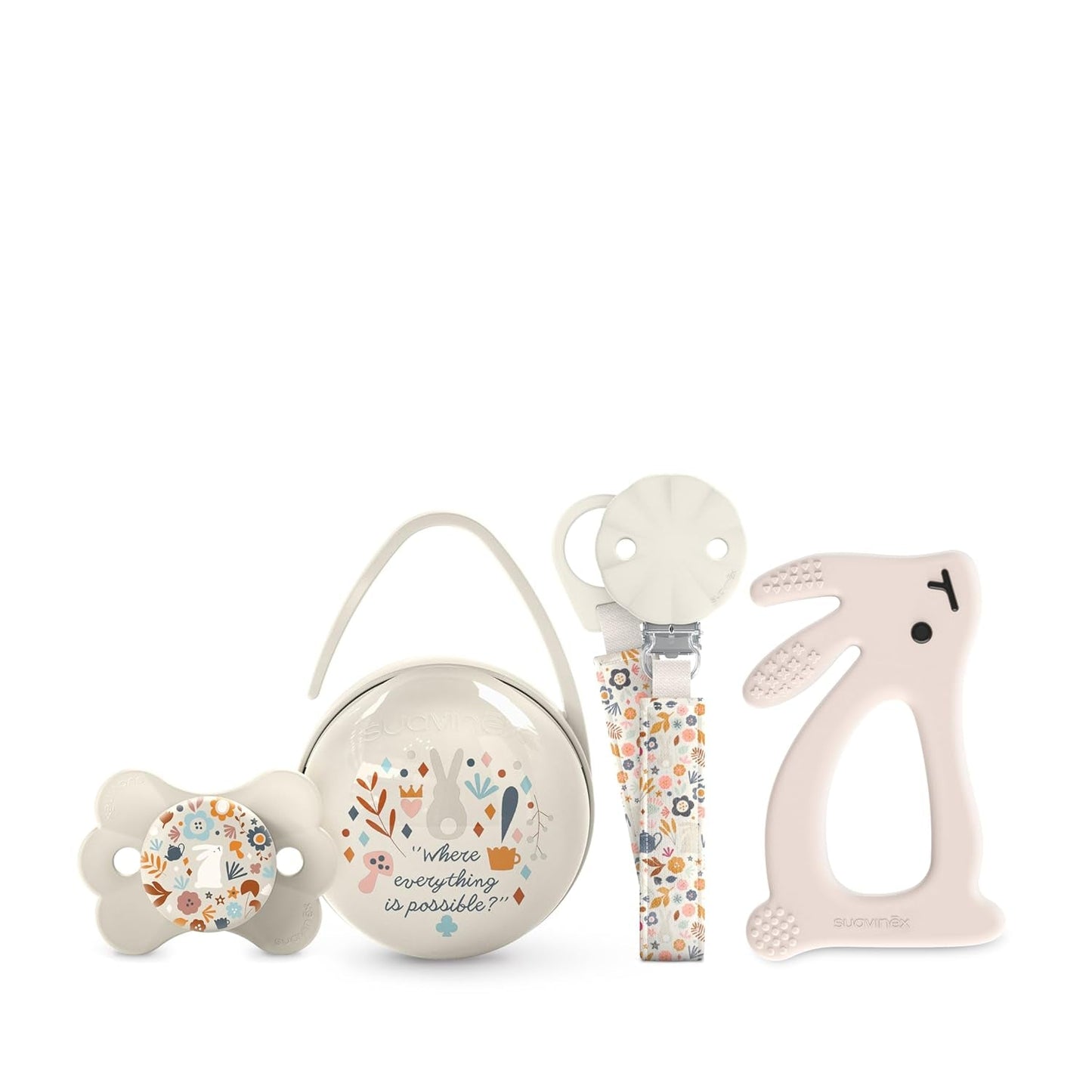 Set de regalo para recién nacido Suavinex. Set de 4 piezas que incluye: Chupete Physiological SX Pro para bebés 0-6 meses + portachupete + funda para chupete Duo + mordedor de silicona. País de las maravillas, beige
