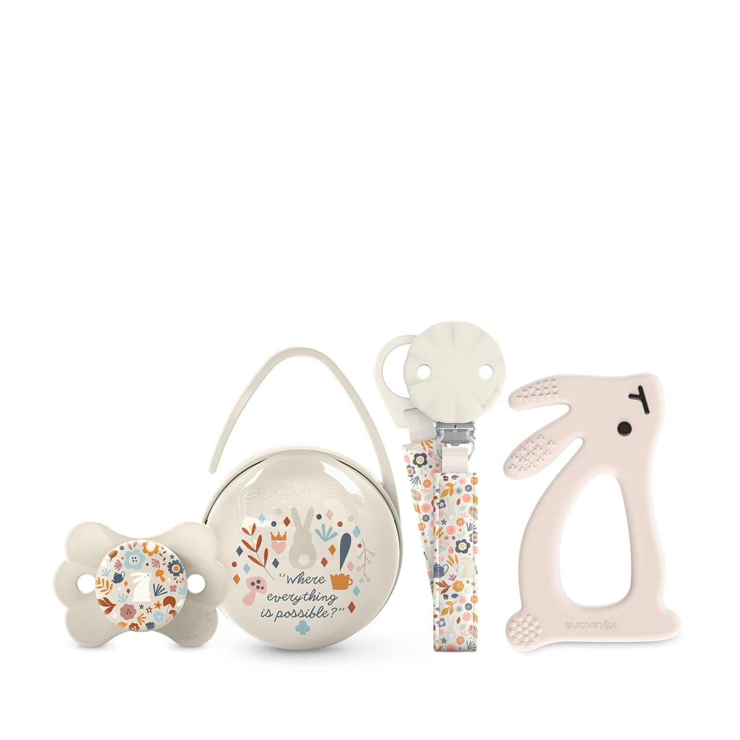 Set de regalo para recién nacido Suavinex. Set de 4 piezas que incluye: Chupete Physiological SX Pro para bebés 0-6 meses + portachupete + funda para chupete Duo + mordedor de silicona. País de las maravillas, beige