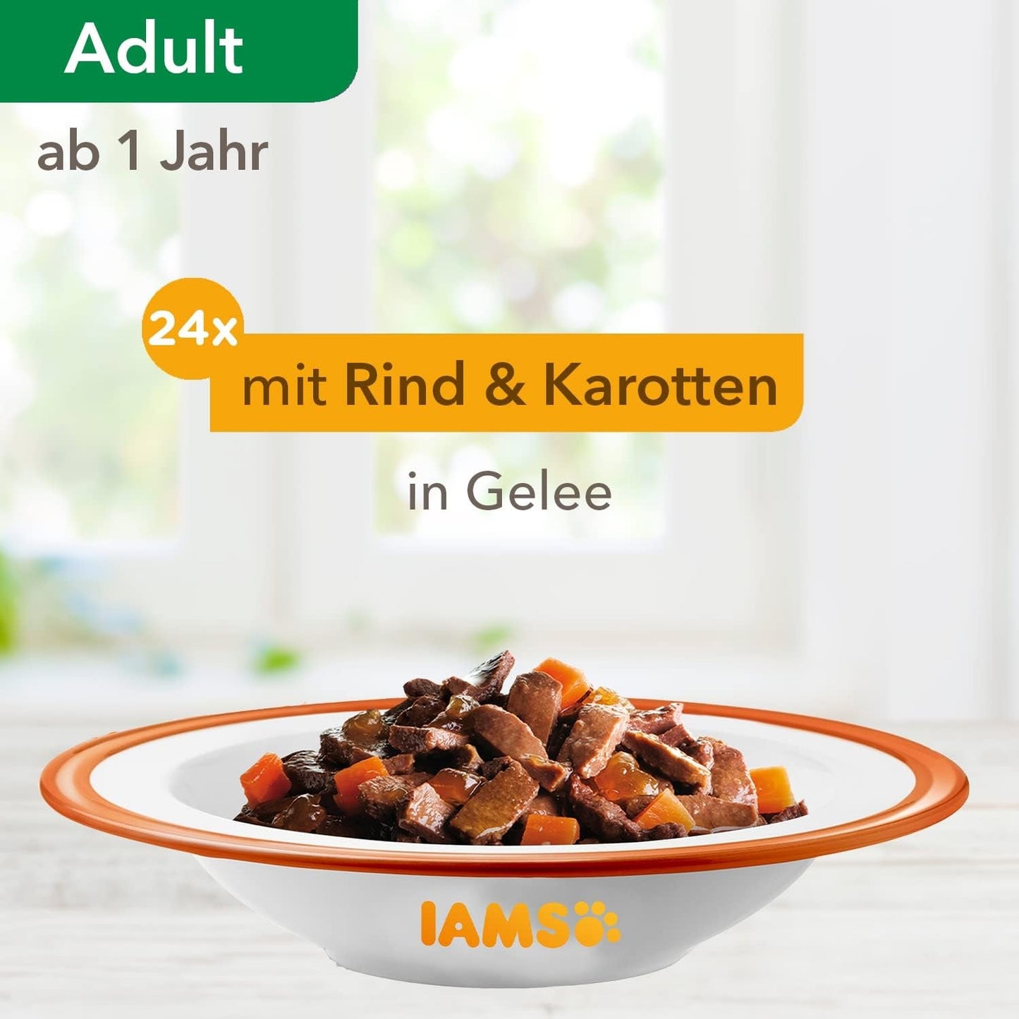 IAMS Delights Comida Húmeda para Gatos con Carne Jugosa y Zanahorias en Gelatina - Comida Húmeda Completa para Gatos Adultos, 24 Sobres x 85g