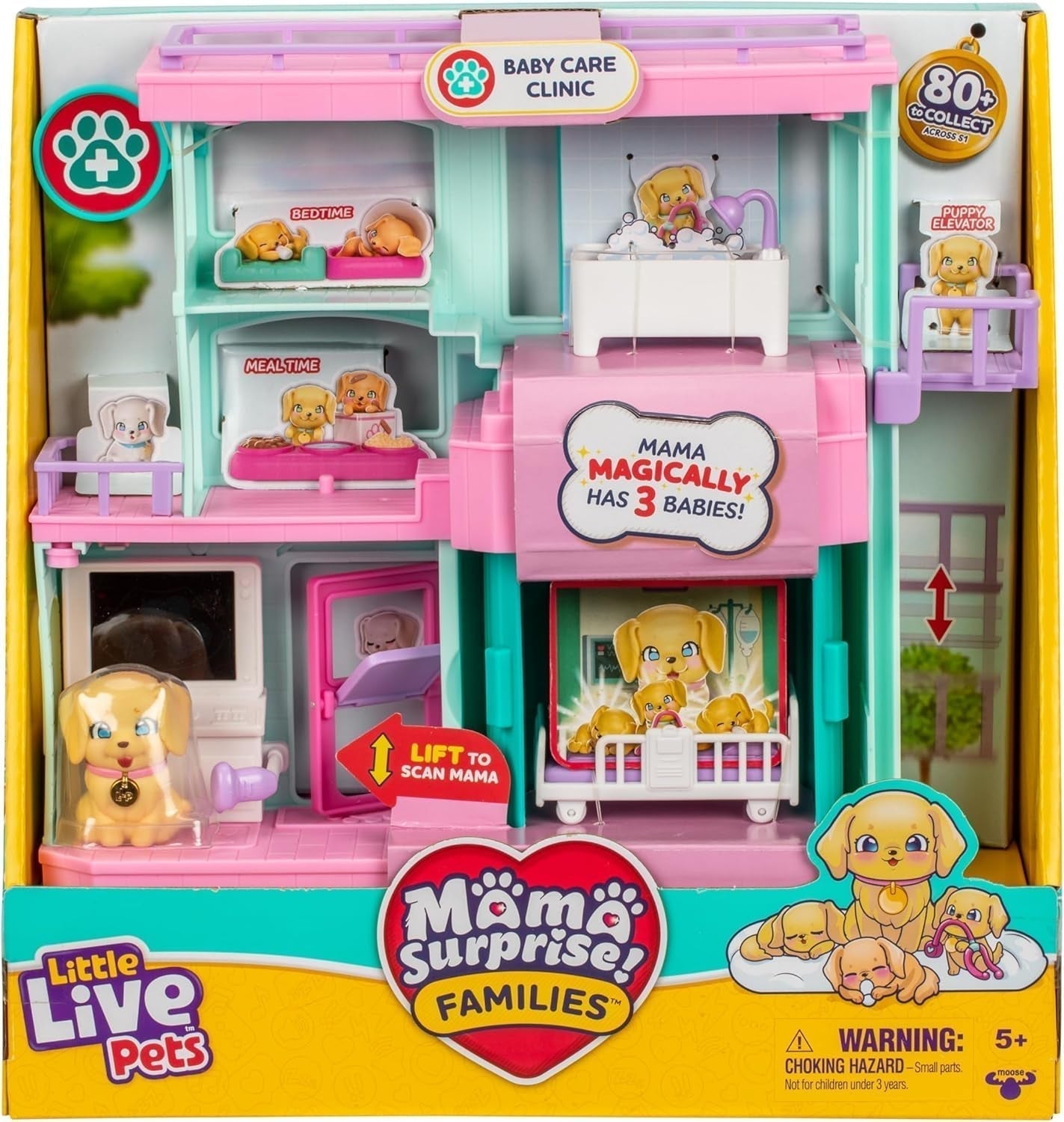 Little Live Pets Mama Surprise Families Baby Clinic Playset, 3 cachorros Retriever incluidos, Magic, juego de doble cara (27,8 cm de ancho, 23,8 cm de alto). Alimentar, bañar y jugar a los niños Figuras de acción de regalo Título predeterminado de la tienda Naty