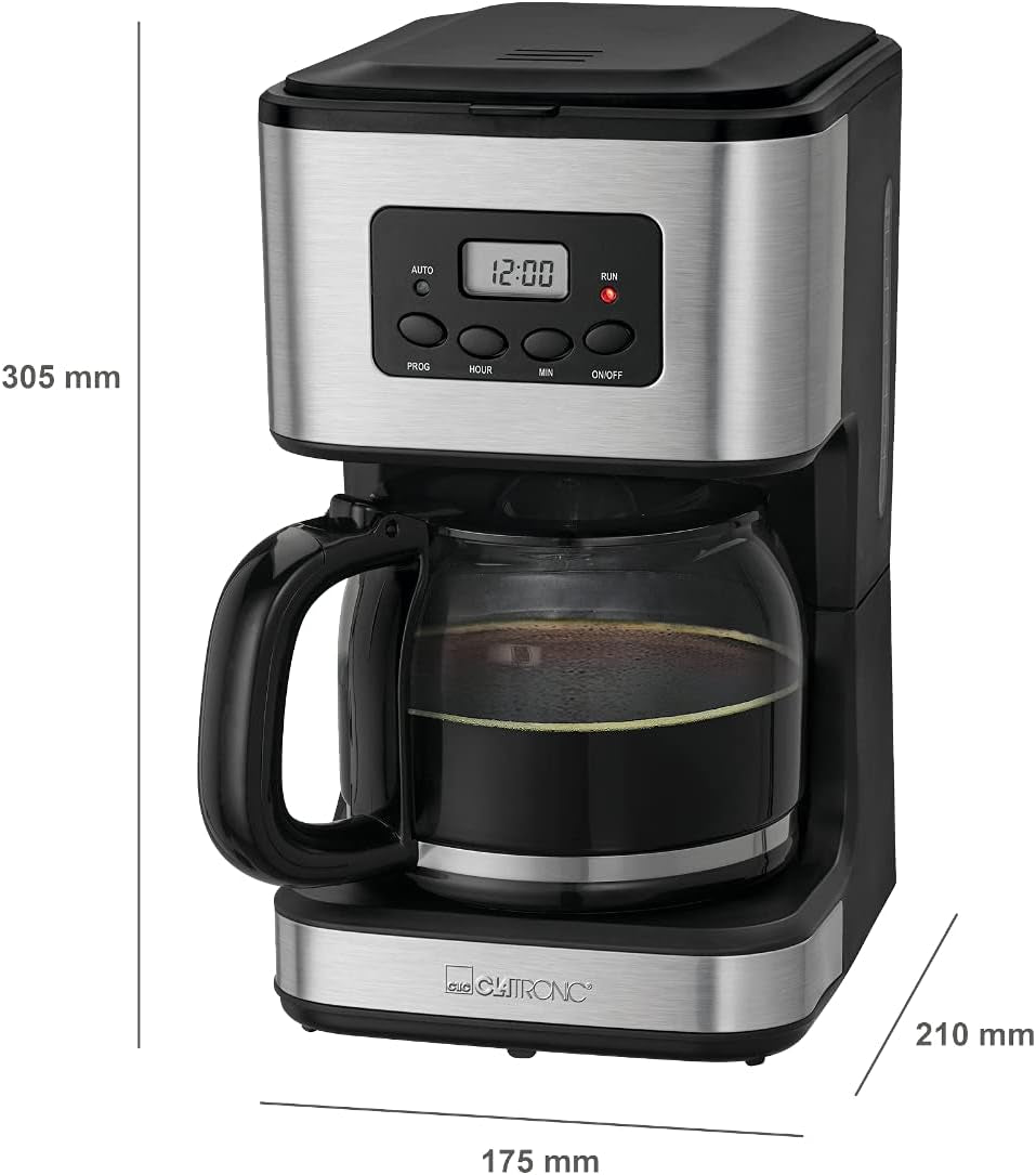 Cafetera Clatronic® con temporizador, jarra de 1,5 litros para 12-14 tazas de café, temporizador LCD 24h, función mantener caliente, antigoteo, filtro extraíble, display e indicadores luminosos, 900W - KA 3642