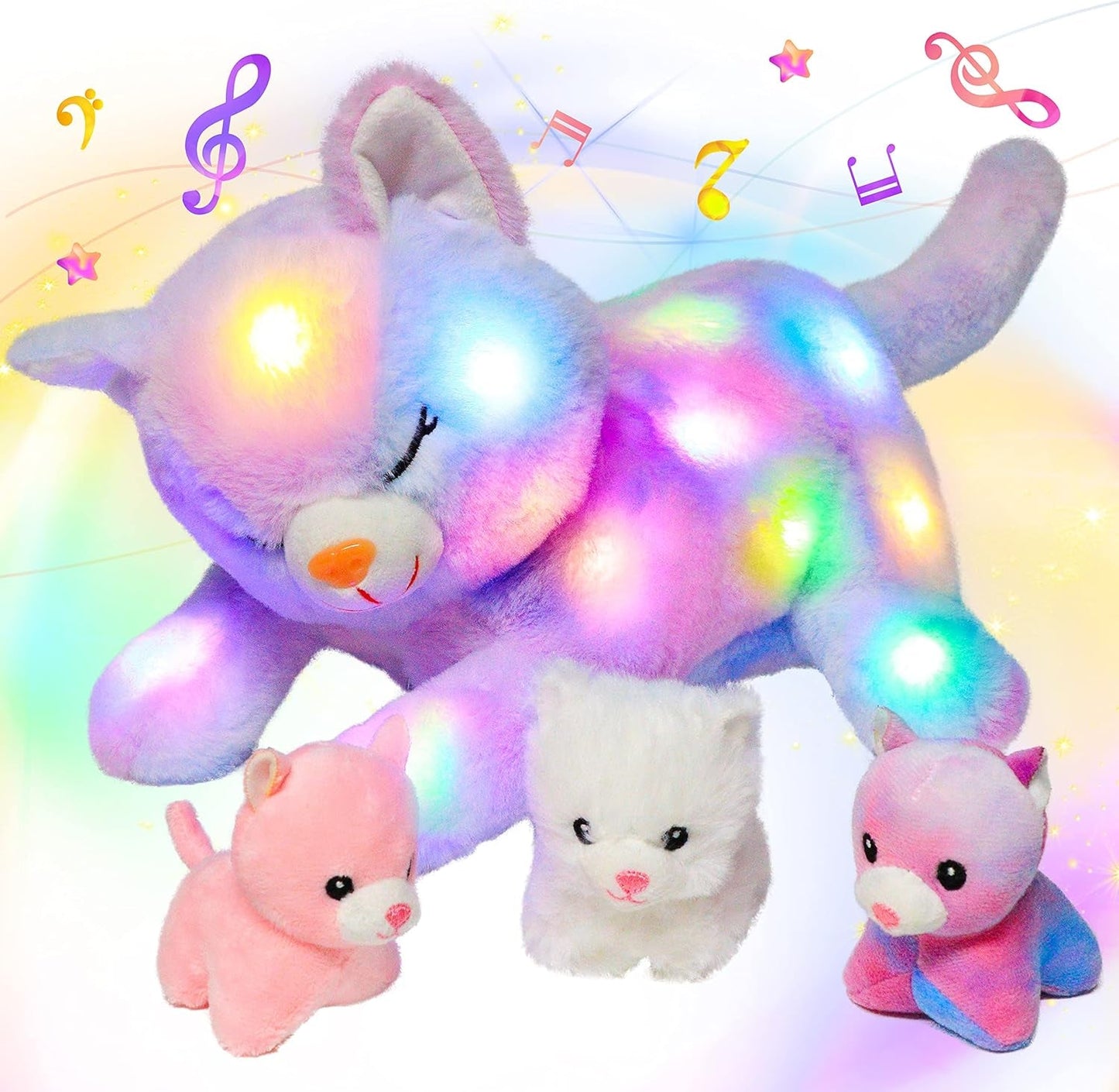 Gato de Peluche Musical LED, Juguete Que Canta con Luz, Madre Gata con 3 Gatitos en el Vientre, Canción de Cuna Animada, Juguete Relajante para Madres, Niños, Niñas, Arco Iris, 45 cm