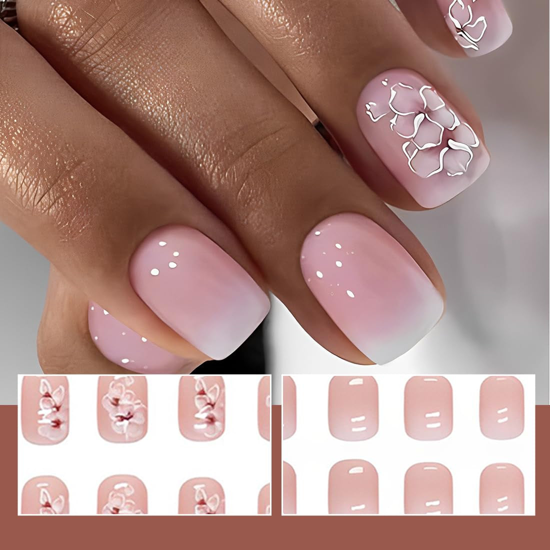 24 piezas de pegamento cuadrado blanco en uñas cortas, patrón floral degradado rosa, uñas artificiales, uñas postizas, uñas cuadradas francesas, uñas artificiales para mujeres
